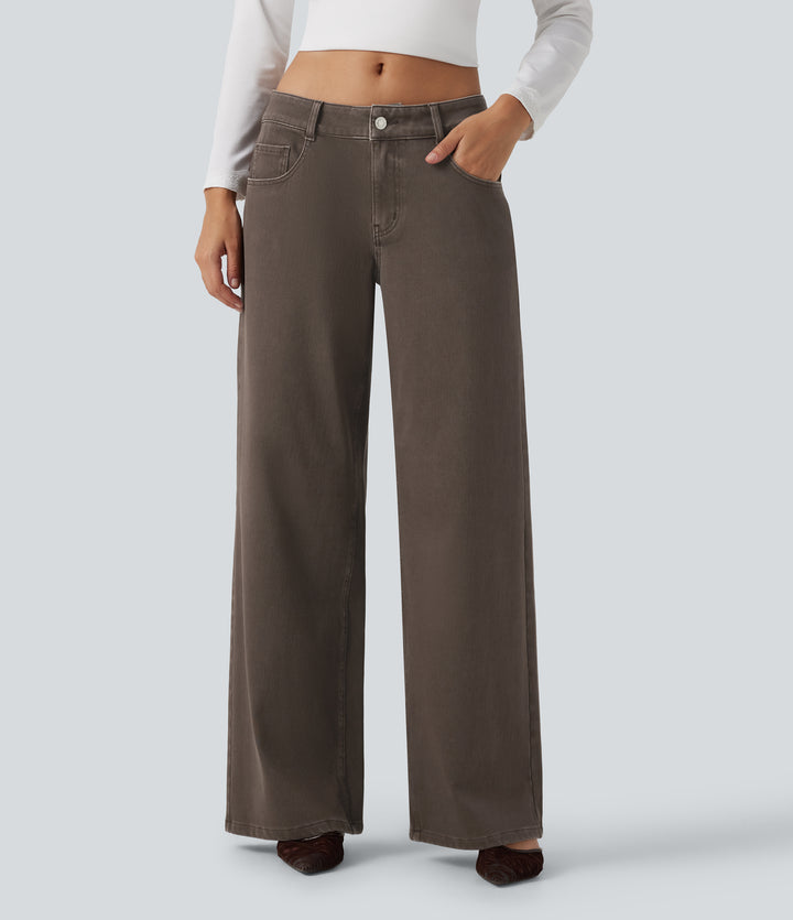 Low Rise Wide Leg Casual Jeans with Pockets — Cocoa Dune Brown — view 1