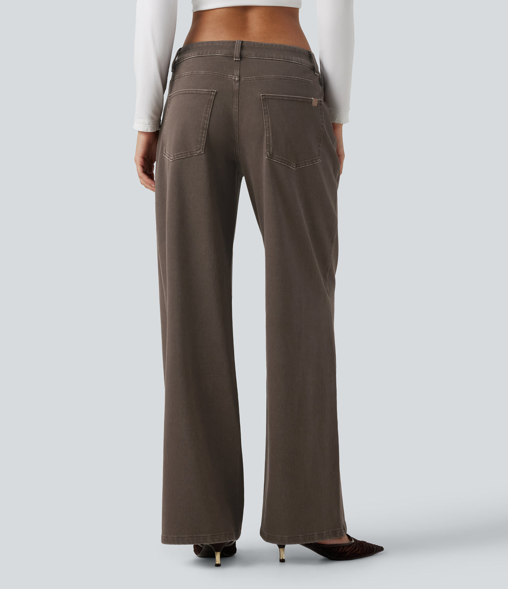 Low Rise Wide Leg Casual Jeans with Pockets — Cocoa Dune Brown — view 2