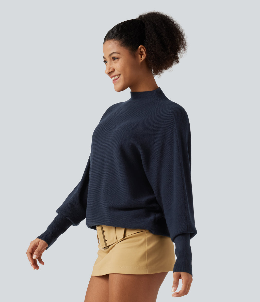 Mock Neck Batwing Long Sleeve Work Jumper — Navy — view 3