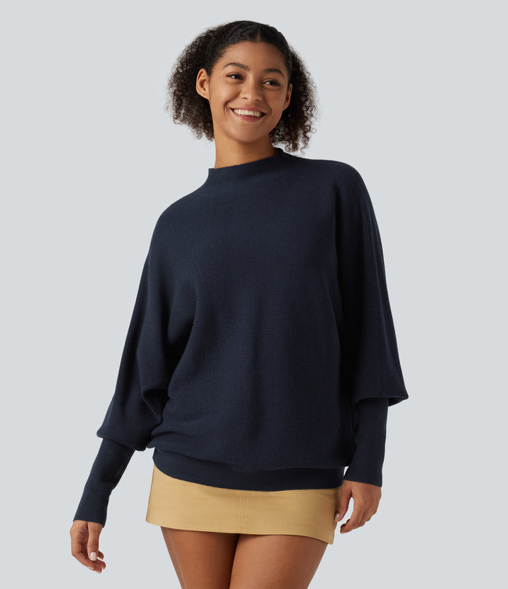 Mock Neck Batwing Long Sleeve Work Jumper — Navy — view 1
