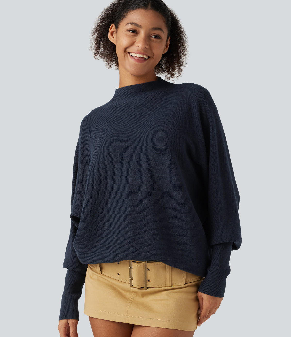 Mock Neck Batwing Long Sleeve Work Jumper — Navy — view 4
