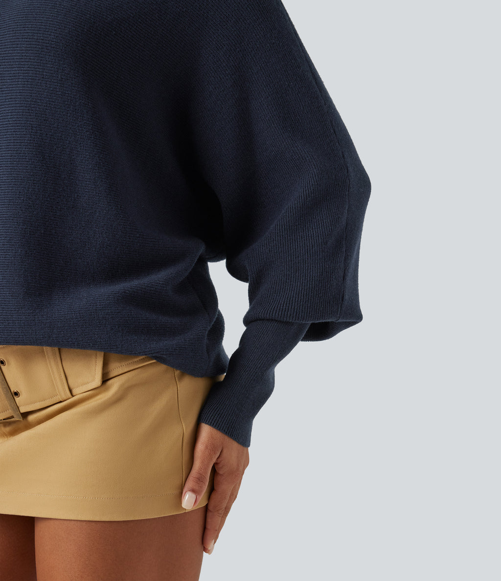 Mock Neck Batwing Long Sleeve Work Jumper — Navy — view 5