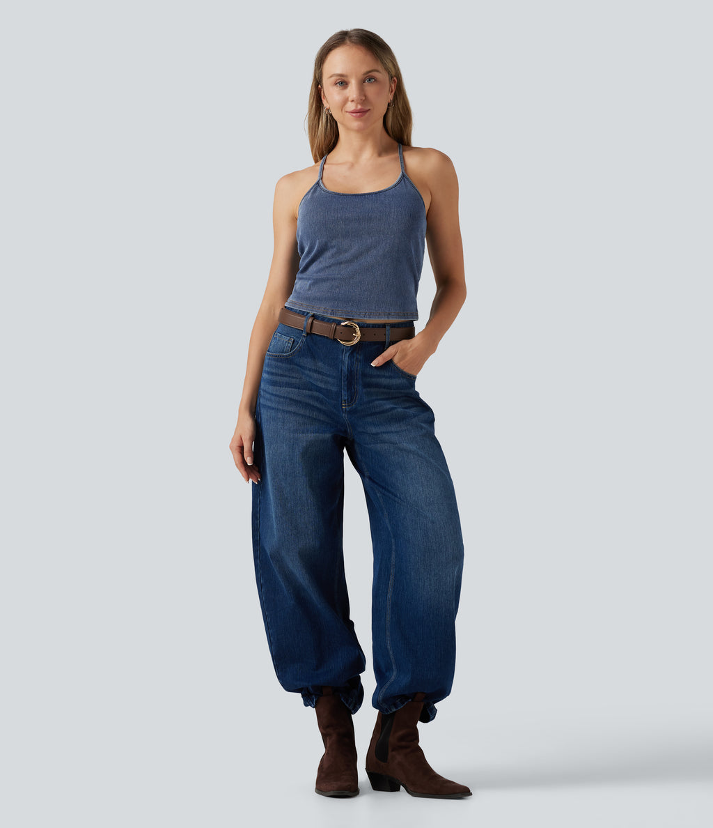 U Neck Built-in Bra Denim Casual Tank Top — Tide Blue Denim — view 8
