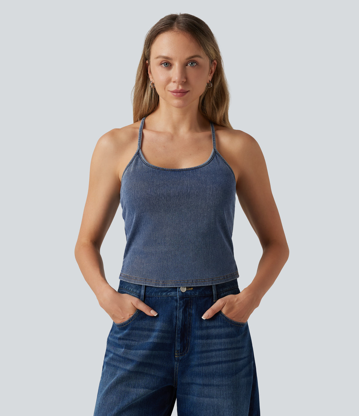 U Neck Built-in Bra Denim Casual Tank Top — Tide Blue Denim — view 3
