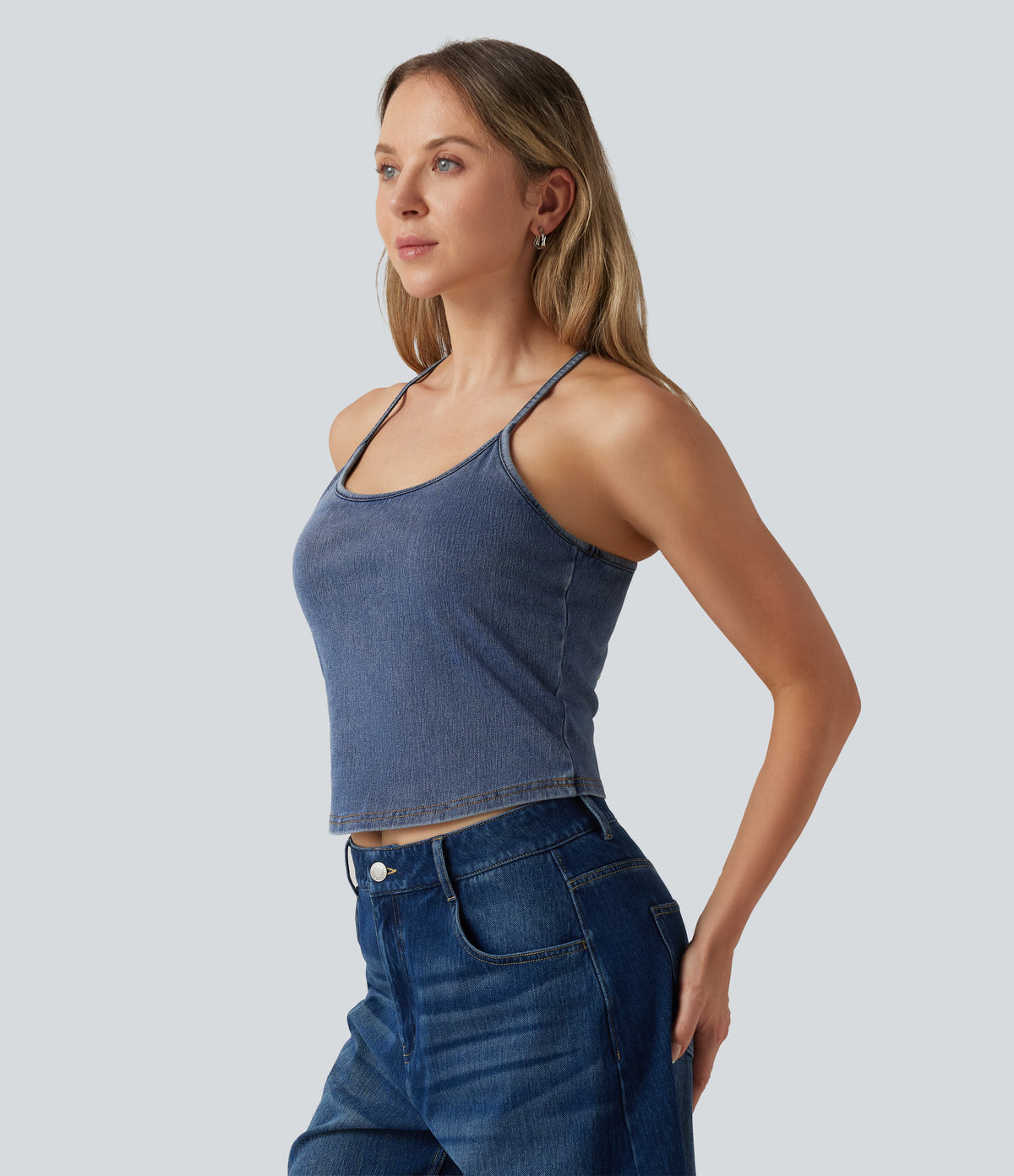U Neck Built-in Bra Denim Casual Tank Top — Tide Blue Denim — view 4