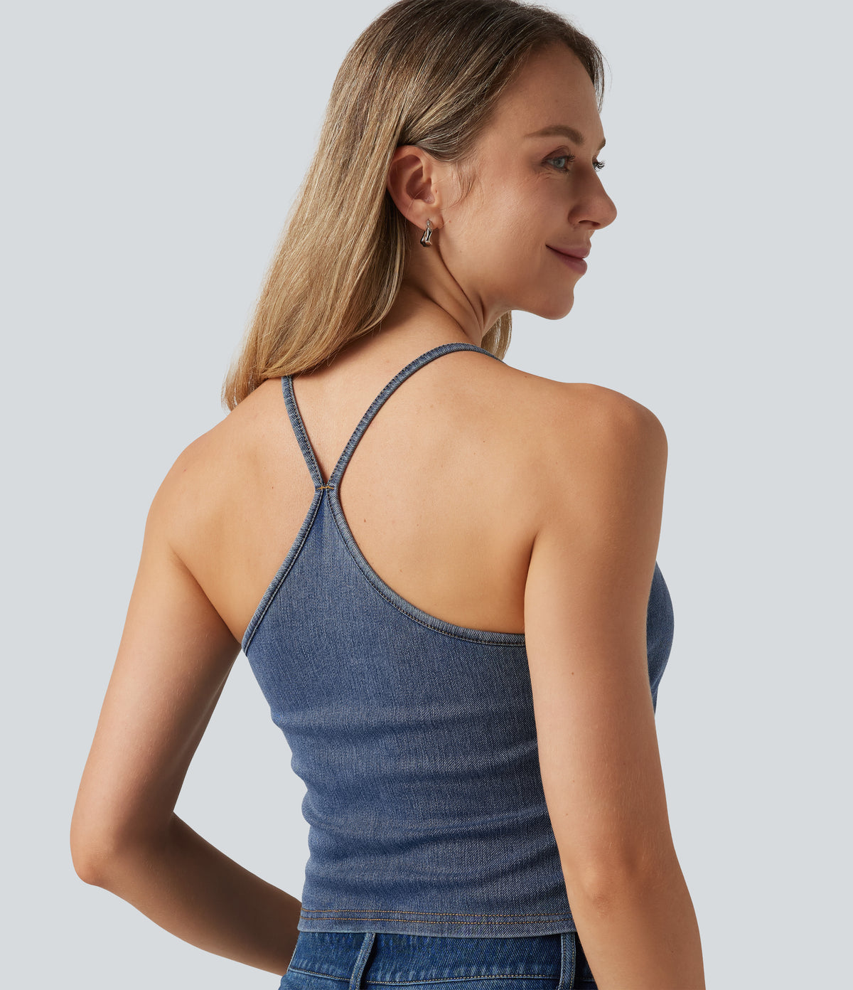 U Neck Built-in Bra Denim Casual Tank Top — Tide Blue Denim — view 5