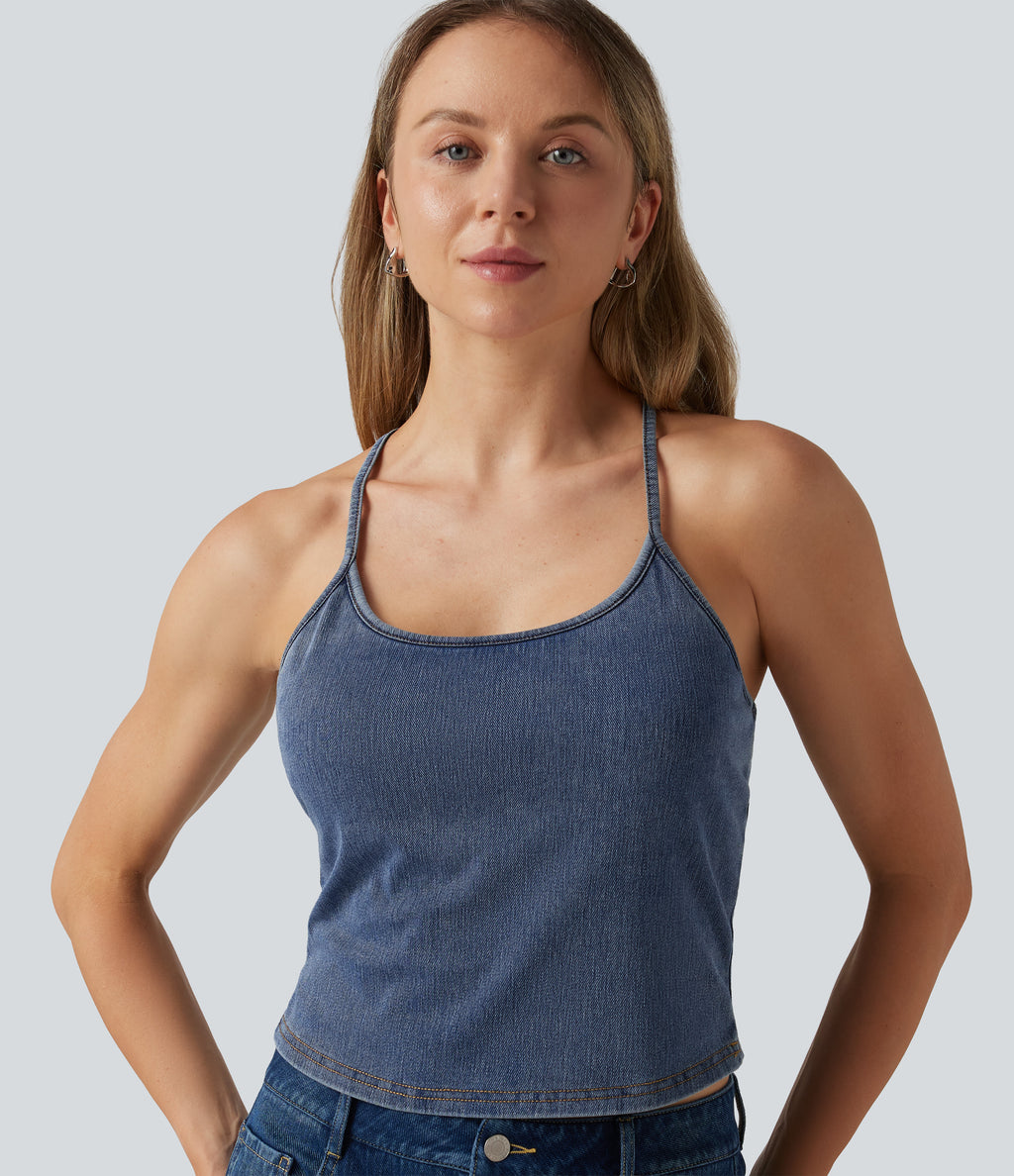U Neck Built-in Bra Denim Casual Tank Top — Tide Blue Denim — view 6