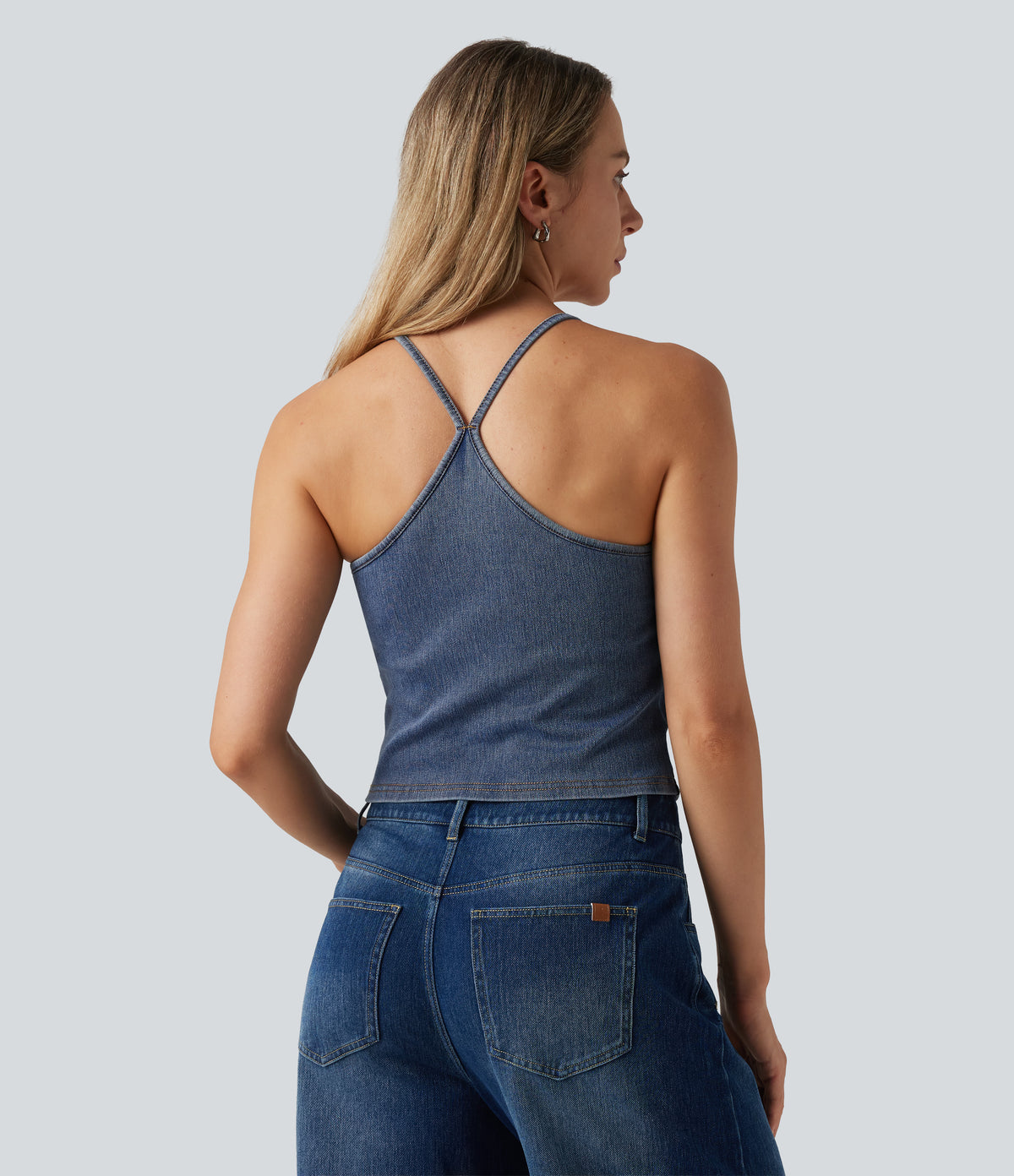 U Neck Built-in Bra Denim Casual Tank Top — Tide Blue Denim — view 2