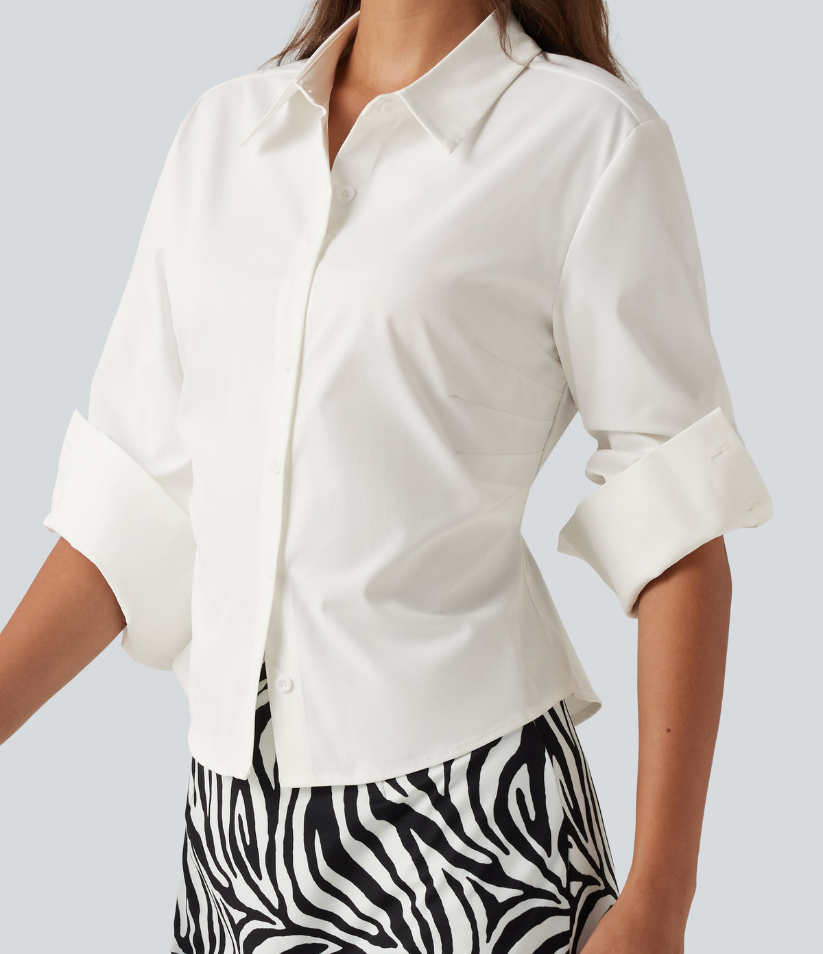 Long Sleeve Curved Hem Slim Work Shirt — White — view 6
