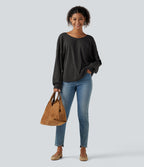 Sweetheart Neck Dropped Shoulder Long Sleeve Tie Back Casual Top — Mottled Carbon Black — view 6