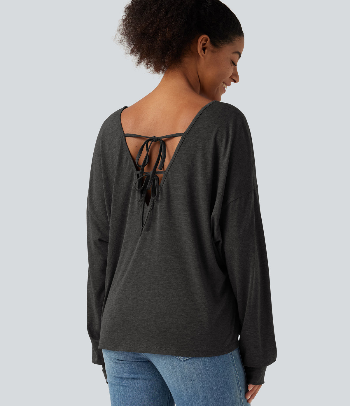 Sweetheart Neck Dropped Shoulder Long Sleeve Tie Back Casual Top — Mottled Carbon Black — view 2