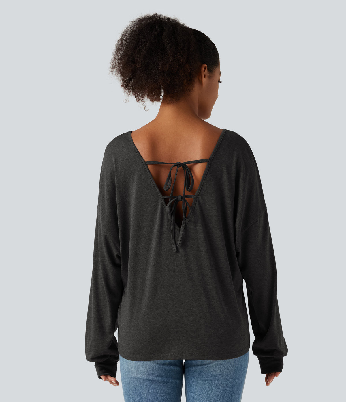 Sweetheart Neck Dropped Shoulder Long Sleeve Tie Back Casual Top — Mottled Carbon Black — view 5