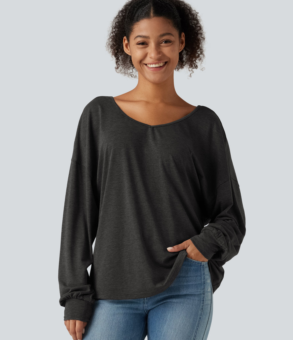 Sweetheart Neck Dropped Shoulder Long Sleeve Tie Back Casual Top — Mottled Carbon Black — view 1