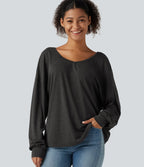 Sweetheart Neck Dropped Shoulder Long Sleeve Tie Back Casual Top — Mottled Carbon Black — view 1
