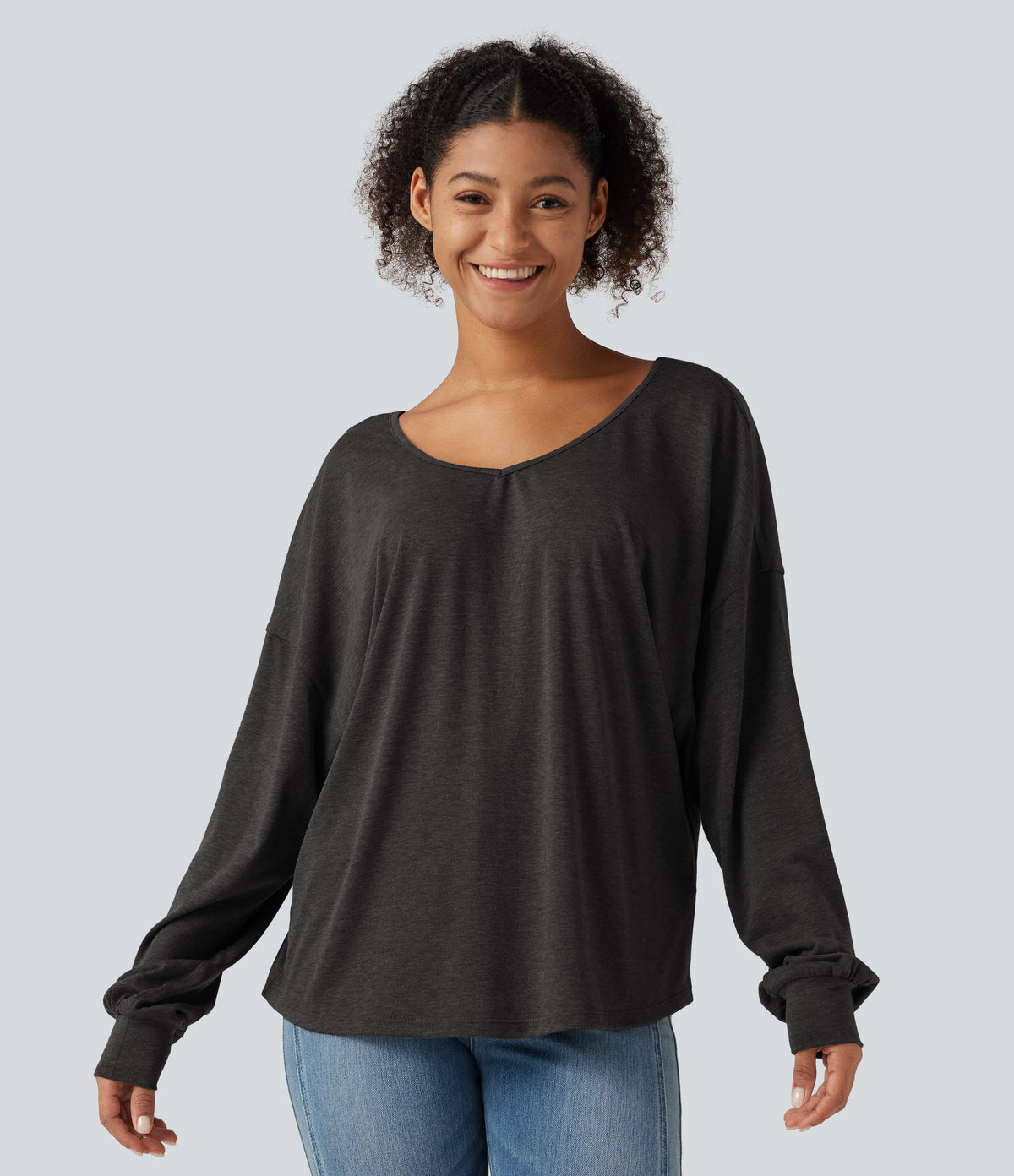 Sweetheart Neck Dropped Shoulder Long Sleeve Tie Back Casual Top — Mottled Carbon Black — view 4