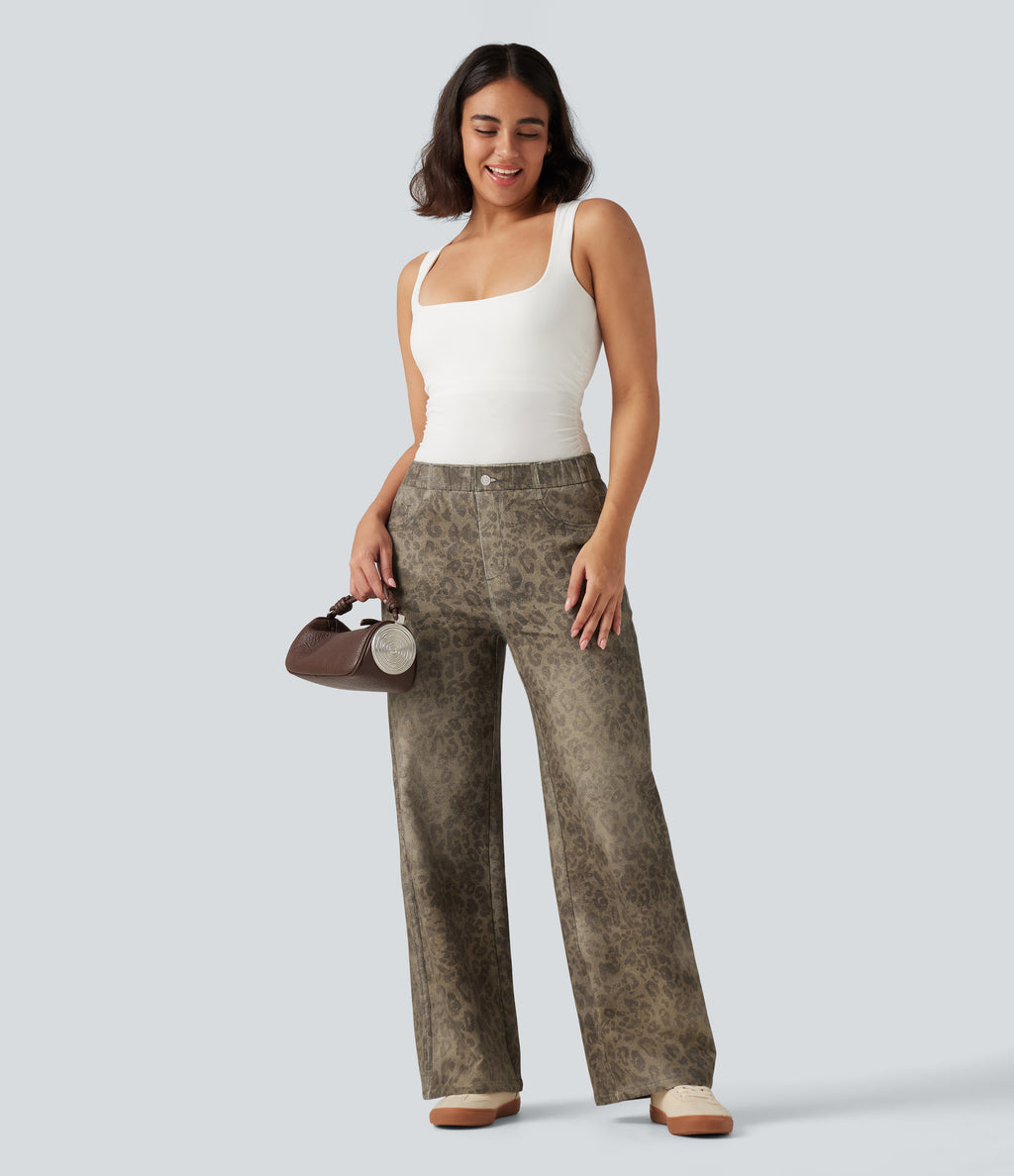 Mid Rise Wide Leg Leopard Denim Print French Terry Casual Sweatpants Jeans with Pockets — Golden Wild Leopard — view 7