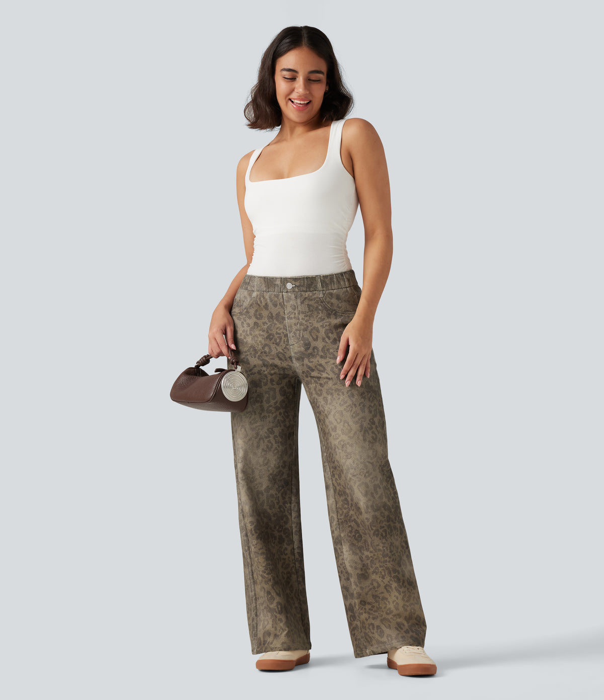Mid Rise Wide Leg Leopard Denim Print French Terry Casual Sweatpants Jeans with Pockets — Golden Wild Leopard — view 7