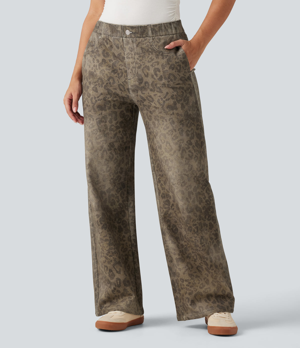Mid Rise Wide Leg Leopard Denim Print French Terry Casual Sweatpants Jeans with Pockets — Golden Wild Leopard — view 1