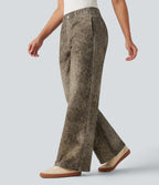 Mid Rise Wide Leg Leopard Denim Print French Terry Casual Sweatpants Jeans with Pockets — Golden Wild Leopard — view 3
