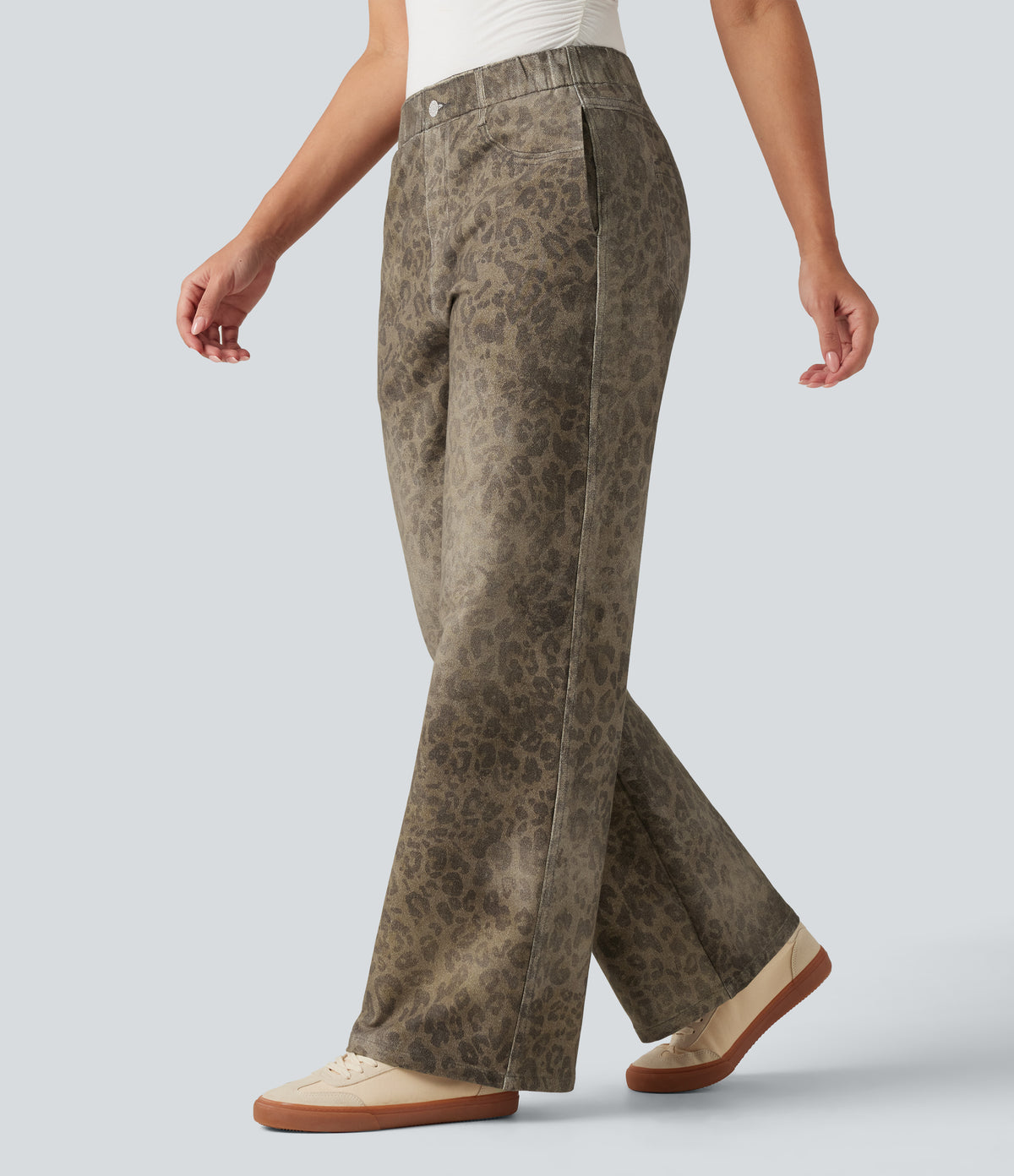 Mid Rise Wide Leg Leopard Denim Print French Terry Casual Sweatpants Jeans with Pockets — Golden Wild Leopard — view 3