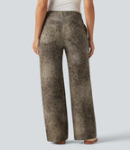 Mid Rise Wide Leg Leopard Denim Print French Terry Casual Sweatpants Jeans with Pockets — Golden Wild Leopard — view 2