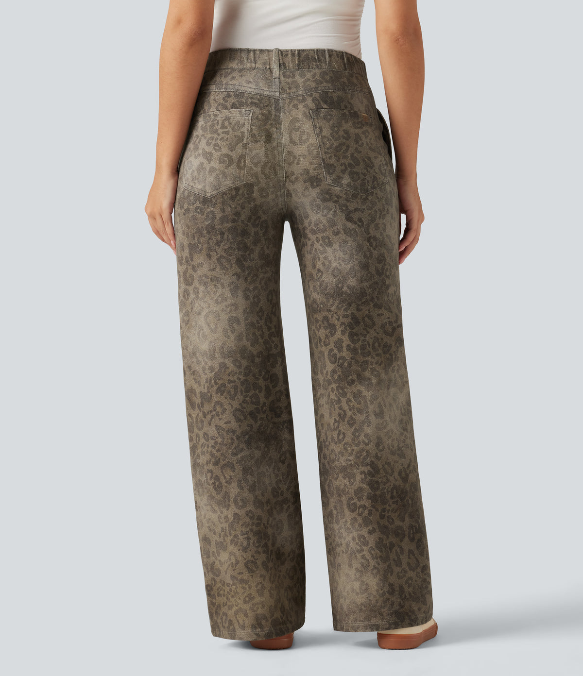 Mid Rise Wide Leg Leopard Denim Print French Terry Casual Sweatpants Jeans with Pockets — Golden Wild Leopard — view 2