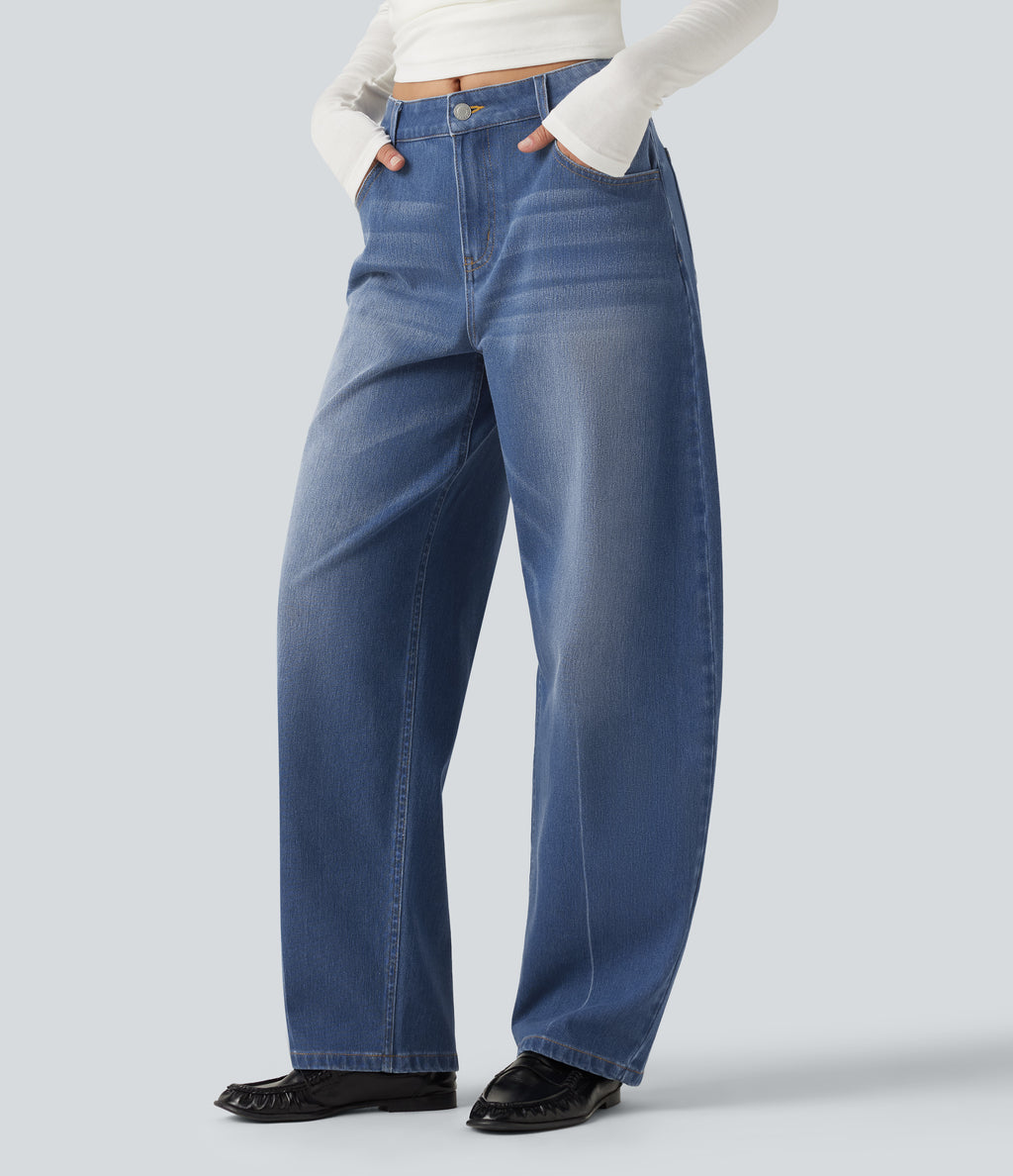 Mid Rise Barrel Leg Washed Casual Jeans with Pockets — Tide Blue Denim — view 3
