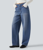 Mid Rise Barrel Leg Washed Casual Jeans with Pockets — Tide Blue Denim — view 3