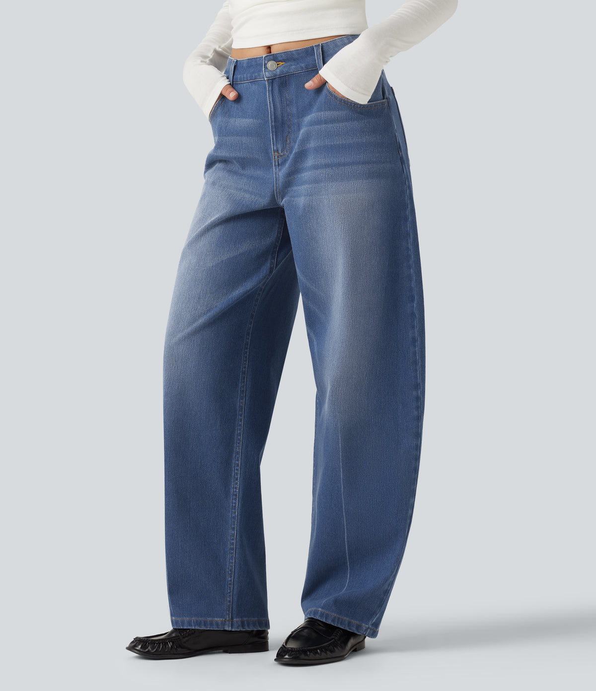 Mid Rise Barrel Leg Washed Casual Jeans with Pockets — Tide Blue Denim — view 3