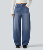 Mid Rise Barrel Leg Washed Casual Jeans with Pockets — Tide Blue Denim — view 1