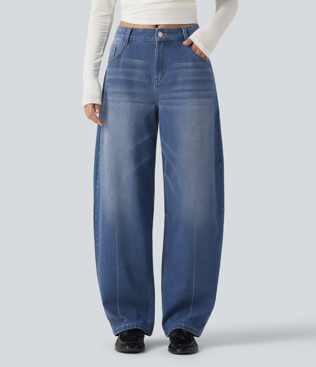 Mid Rise Barrel Leg Washed Casual Jeans with Pockets — Tide Blue Denim — view 1