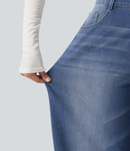 Mid Rise Barrel Leg Washed Casual Jeans with Pockets — Tide Blue Denim — view 6
