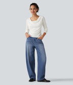 Mid Rise Barrel Leg Washed Casual Jeans with Pockets — Tide Blue Denim — view 7