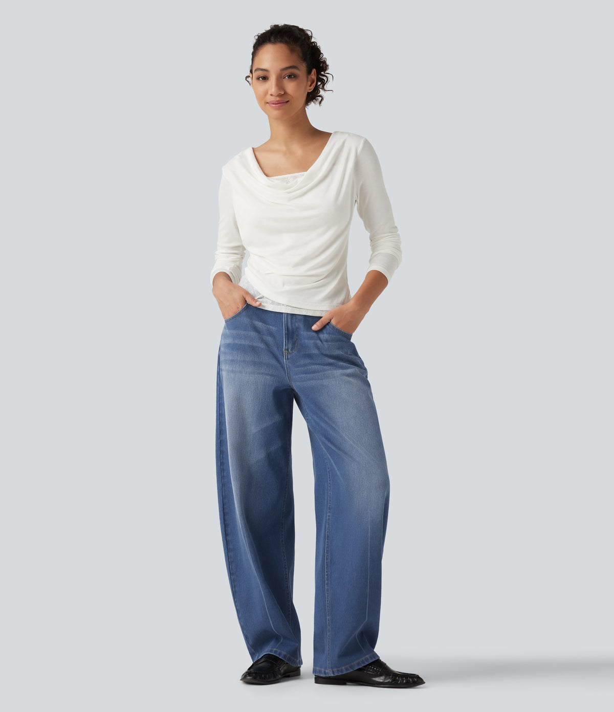 Mid Rise Barrel Leg Washed Casual Jeans with Pockets — Tide Blue Denim — view 7