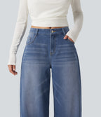 Mid Rise Barrel Leg Washed Casual Jeans with Pockets — Tide Blue Denim — view 4