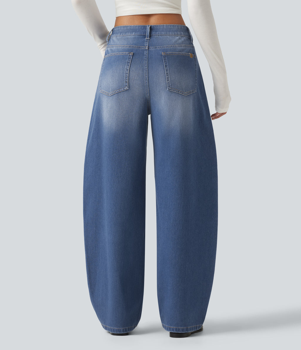 Mid Rise Barrel Leg Washed Casual Jeans with Pockets — Tide Blue Denim — view 2