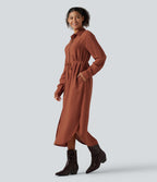 Collar Long Sleeve Belted Curved Split Hem Midi Casual Shirt Dress with Pockets — Burnt Brick — view 1