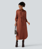 Collar Long Sleeve Belted Curved Split Hem Midi Casual Shirt Dress with Pockets — Burnt Brick — view 7