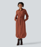 Collar Long Sleeve Belted Curved Split Hem Midi Casual Shirt Dress with Pockets — Burnt Brick — view 3