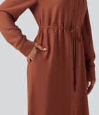 Collar Long Sleeve Belted Curved Split Hem Midi Casual Shirt Dress with Pockets — Burnt Brick — view 5