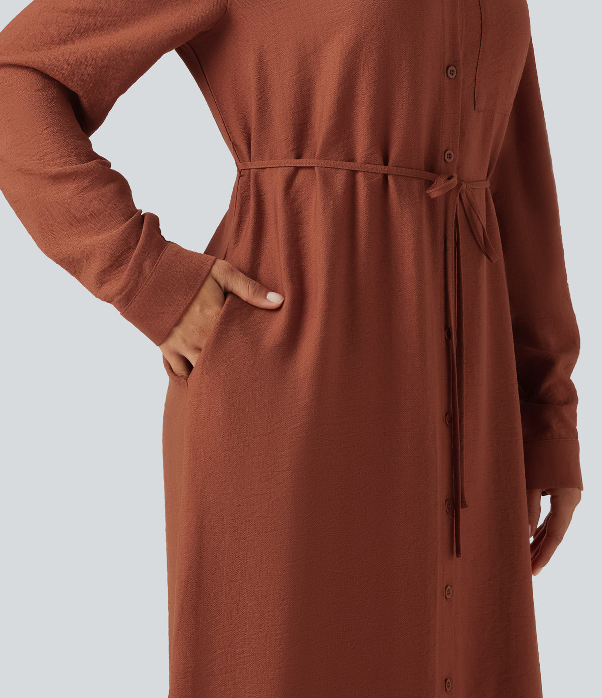 Collar Long Sleeve Belted Curved Split Hem Midi Casual Shirt Dress with Pockets — Burnt Brick — view 5