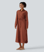 Collar Long Sleeve Belted Curved Split Hem Midi Casual Shirt Dress with Pockets — Burnt Brick — view 4