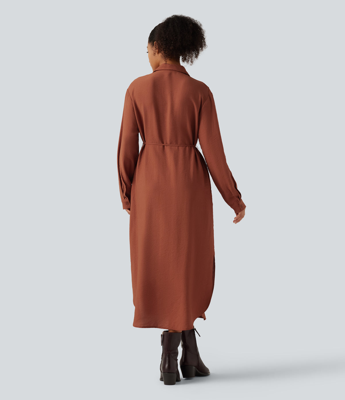 Collar Long Sleeve Belted Curved Split Hem Midi Casual Shirt Dress with Pockets — Burnt Brick — view 2