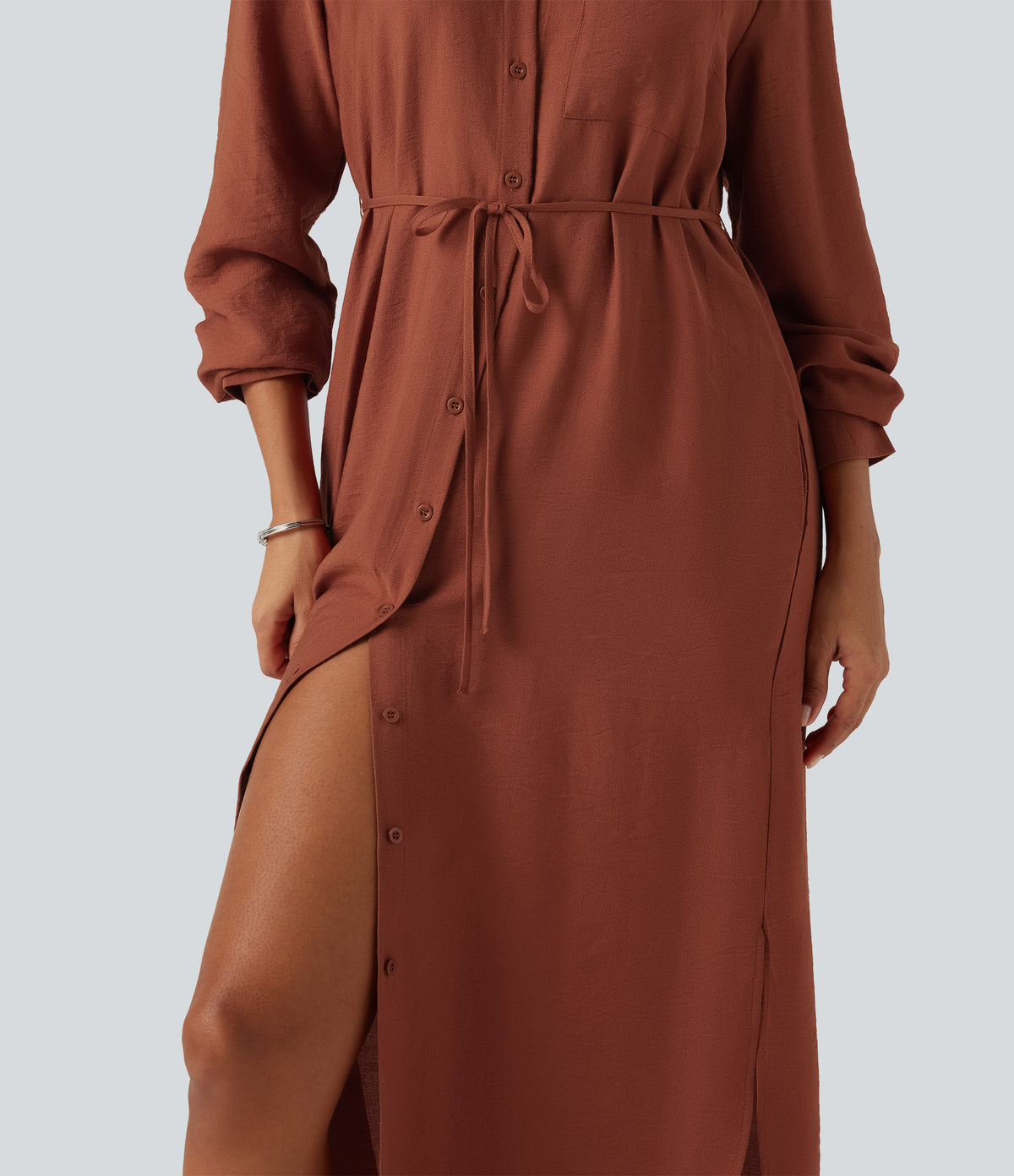 Collar Long Sleeve Belted Curved Split Hem Midi Casual Shirt Dress with Pockets — Burnt Brick — view 6