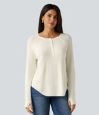 Henley Neck Long Sleeve Thumb Hole Curved Hem Casual Jumper — White Down — view 4