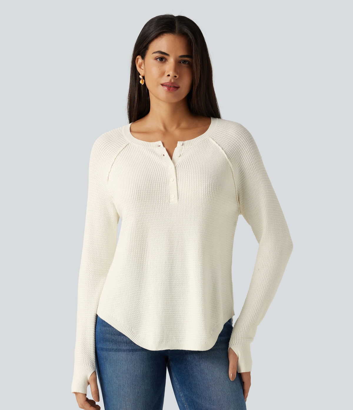 Henley Neck Long Sleeve Thumb Hole Curved Hem Casual Jumper — White Down — view 5