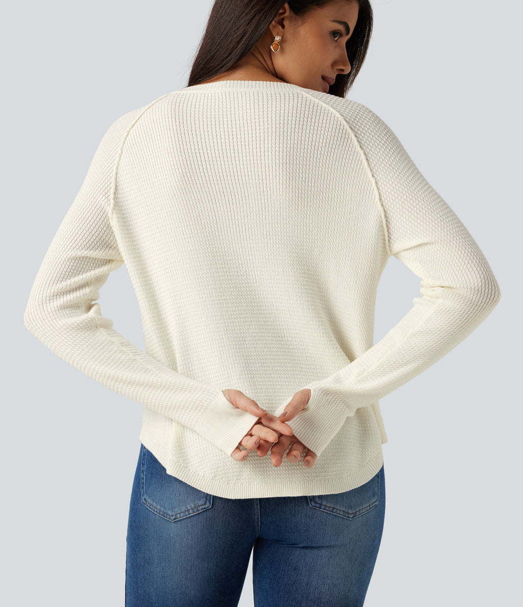 Henley Neck Long Sleeve Thumb Hole Curved Hem Casual Jumper — White Down — view 6