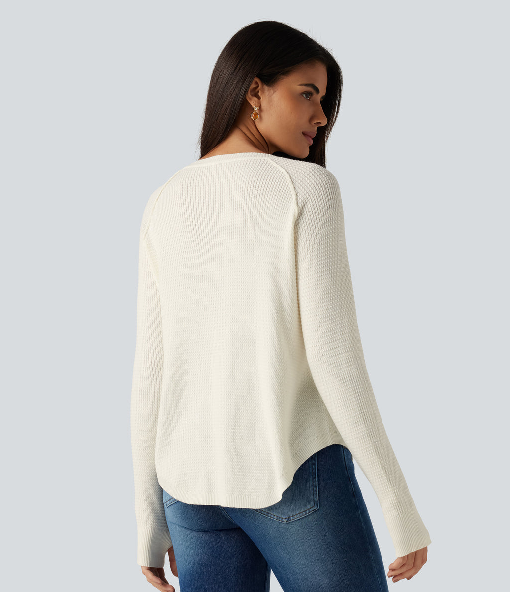 Henley Neck Long Sleeve Thumb Hole Curved Hem Casual Jumper — White Down — view 2