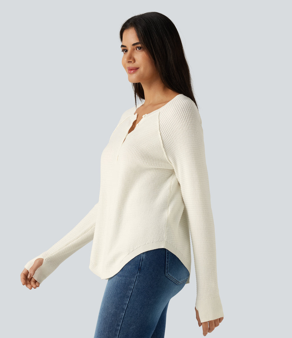 Henley Neck Long Sleeve Thumb Hole Curved Hem Casual Jumper — White Down — view 3
