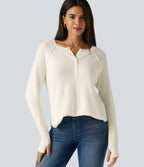 Henley Neck Long Sleeve Thumb Hole Curved Hem Casual Jumper — White Down — view 1